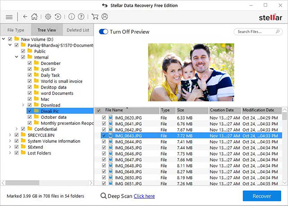 Stellar Data Recovery Free Edition - Tree View